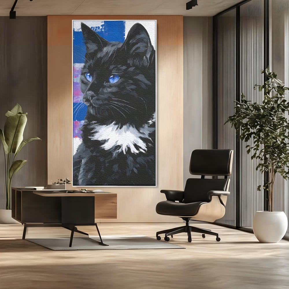 Tablou canvas cu tablou canvas cu pisica neagra, in rama de aluminiu argintiu, pe perete intr-un birou