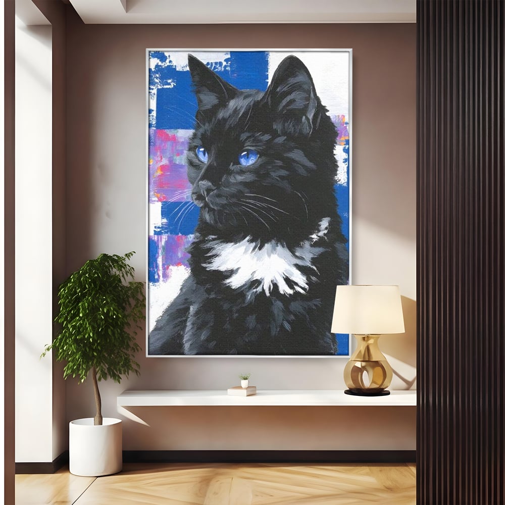 Tablou canvas cu tablou canvas cu pisica neagra, in rama de aluminiu argintiu