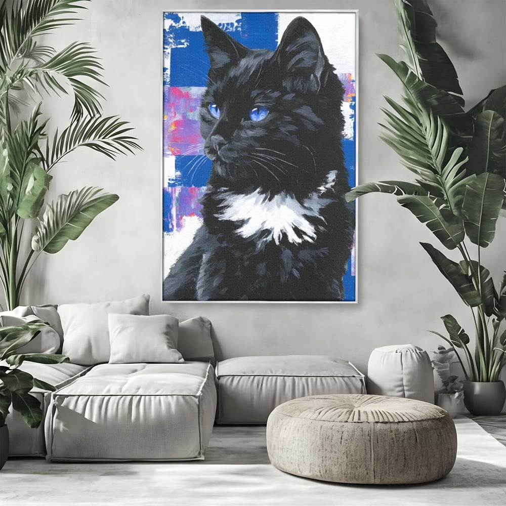 Tablou canvas cu tablou canvas cu pisica neagra, in rama de aluminiu argintiu, pe perete intr-un living
