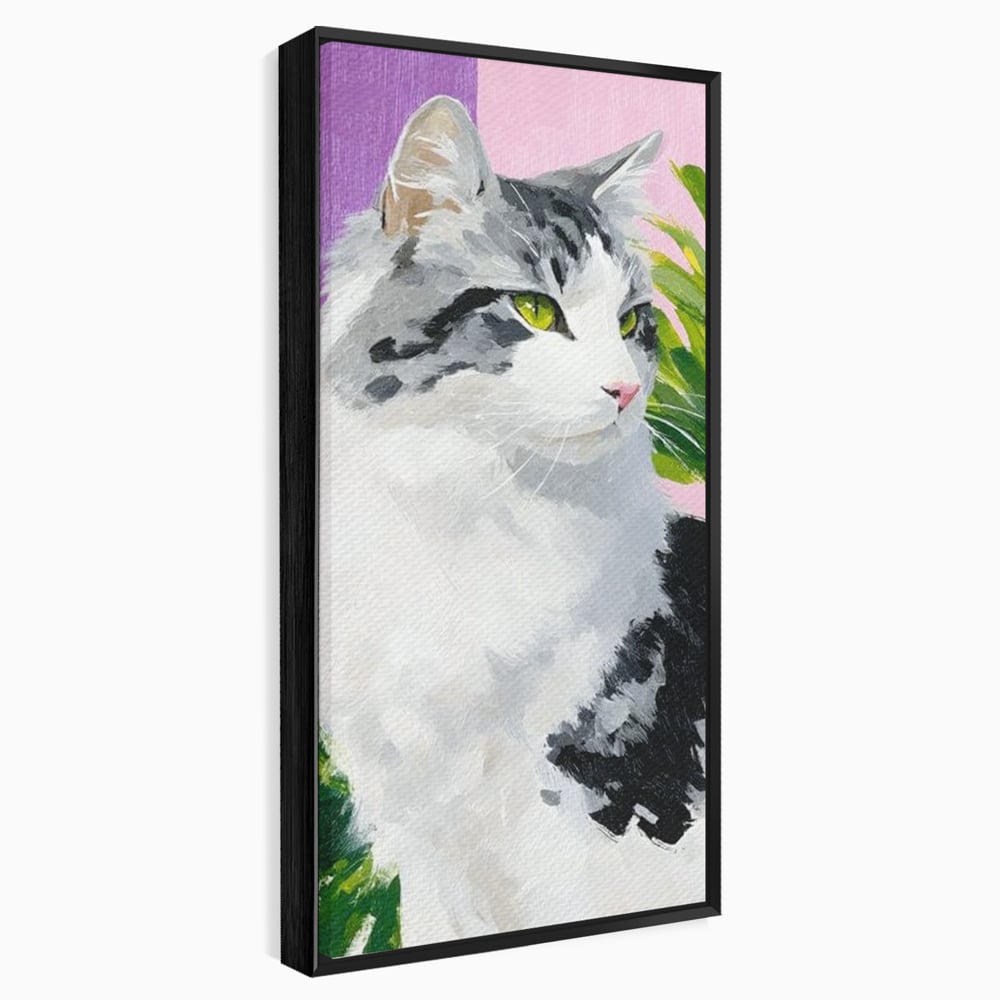 Tablou canvas cu pictura cu portret de pisica, in rama de aluminiu negru