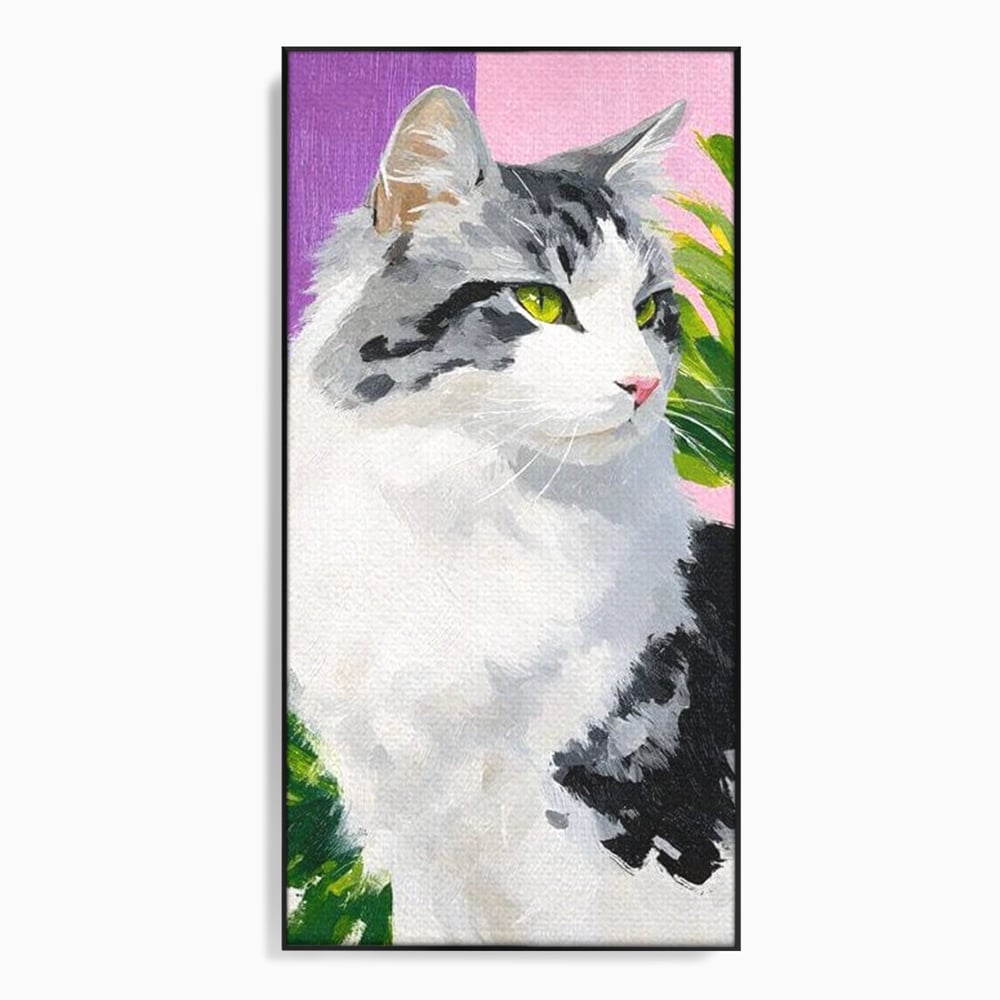 Tablou canvas cu pictura cu portret de pisica, in rama de aluminiu negru