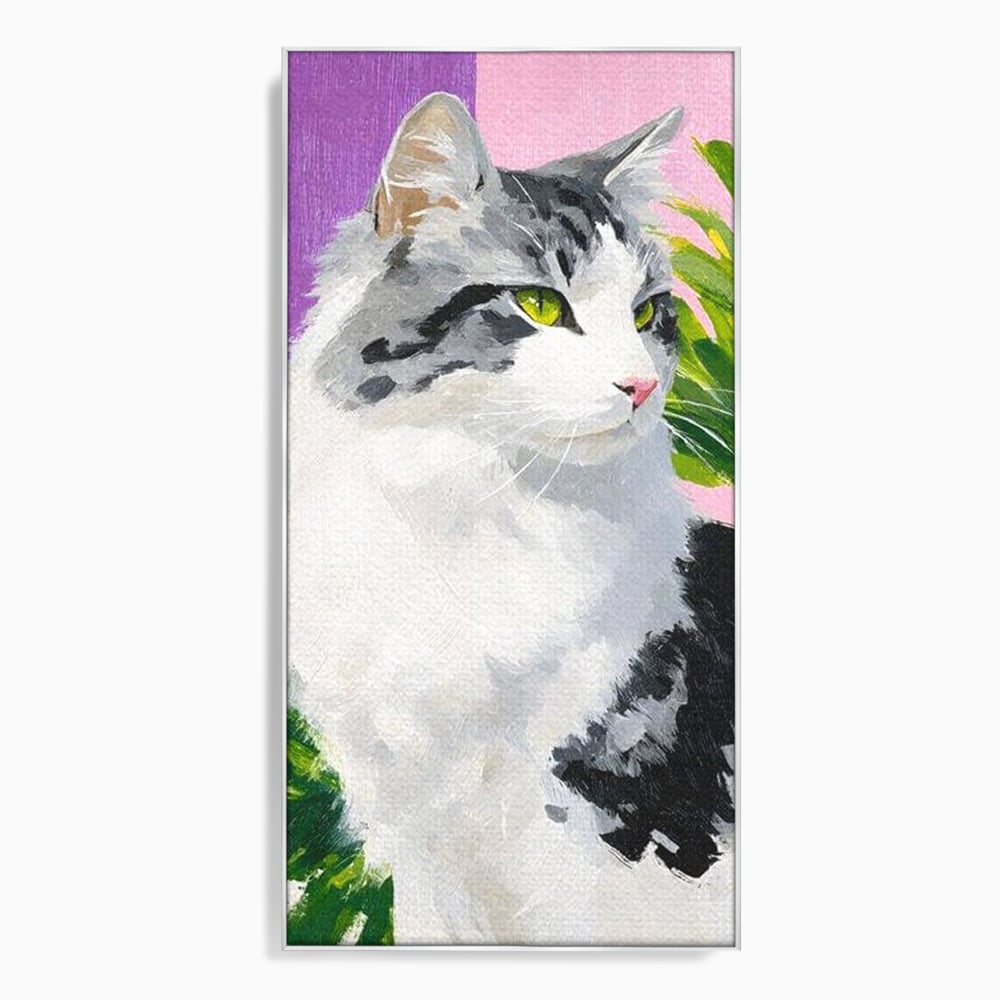 Tablou canvas cu pictura cu portret de pisica, in rama de aluminiu argintiu