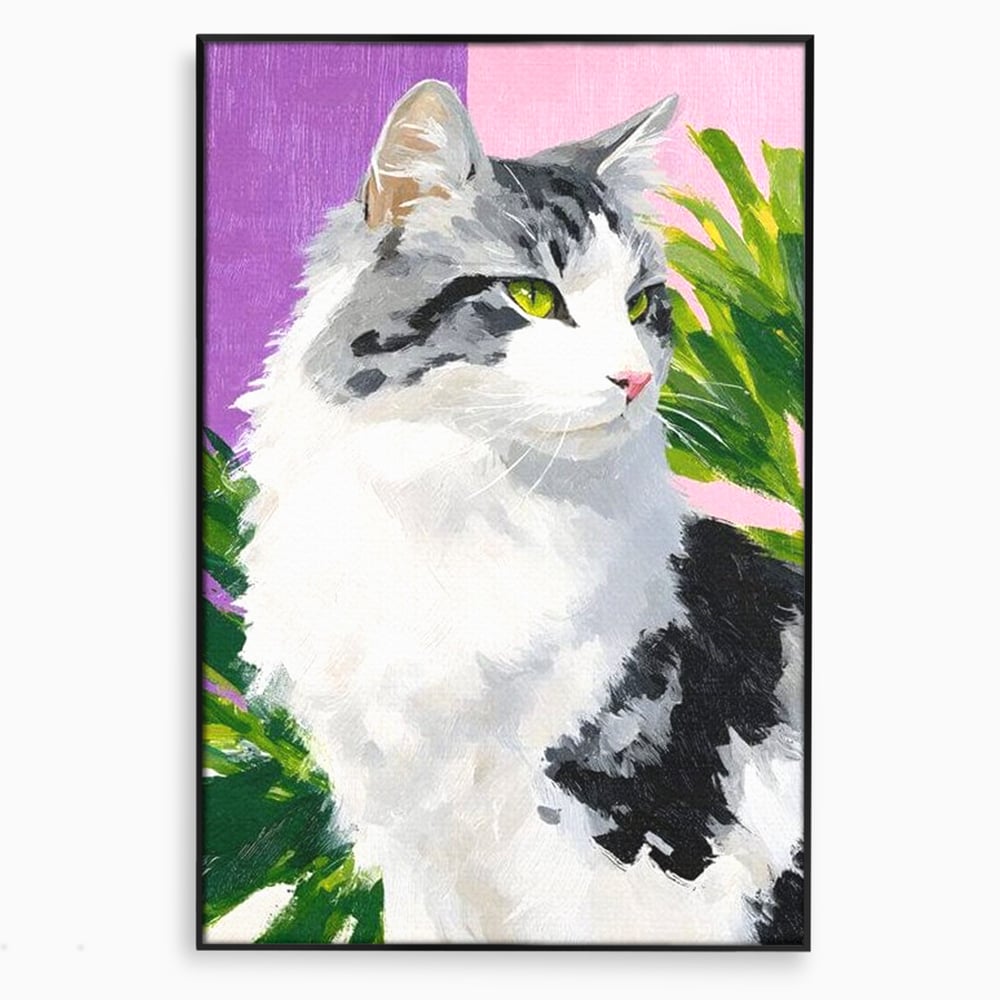 Tablou canvas cu pictura cu portret de pisica, in rama de aluminiu negru