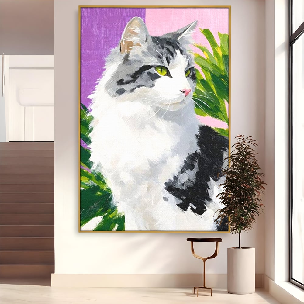 Tablou canvas cu pictura cu portret de pisica, in rama de aluminiu auriu