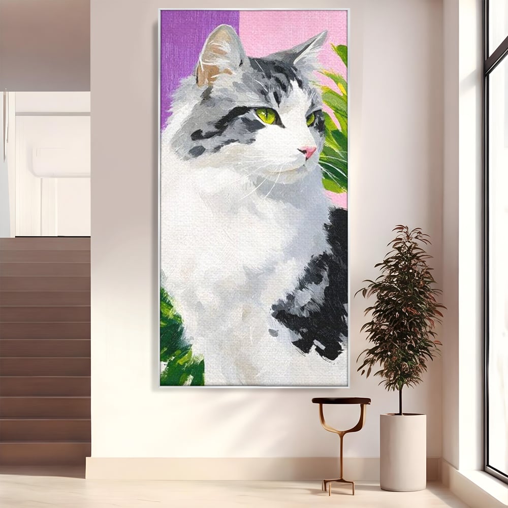 Tablou canvas cu pictura cu portret de pisica, in rama de aluminiu argintiu