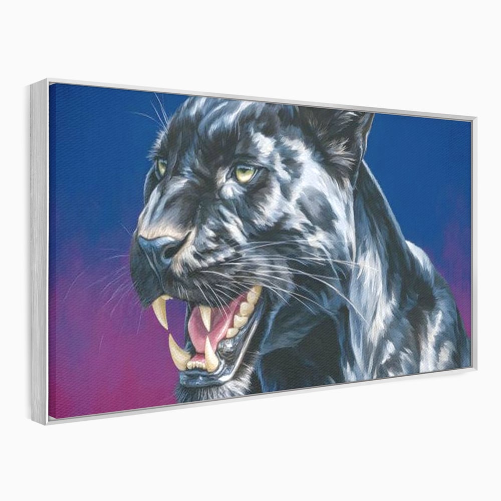 Tablou canvas cu tablou canvas cu pantera neagra, in rama de aluminiu argintiu