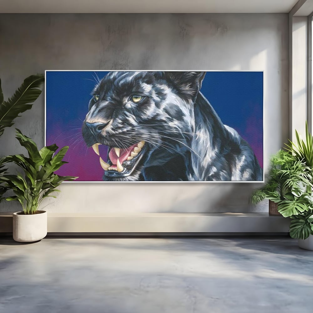 Tablou canvas cu tablou canvas cu pantera neagra, in rama de aluminiu argintiu
