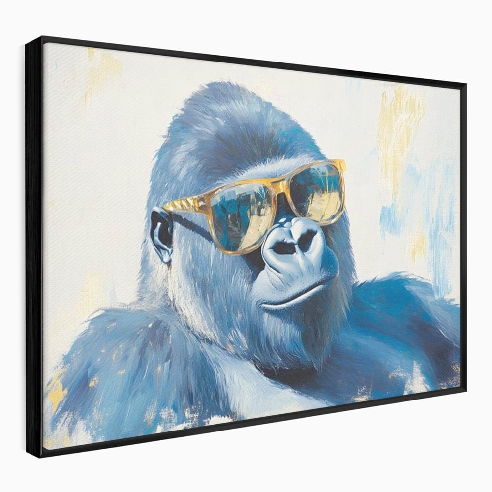 Tablou canvas cu pictura cu gorila purtand ochelari, in rama de aluminiu negru