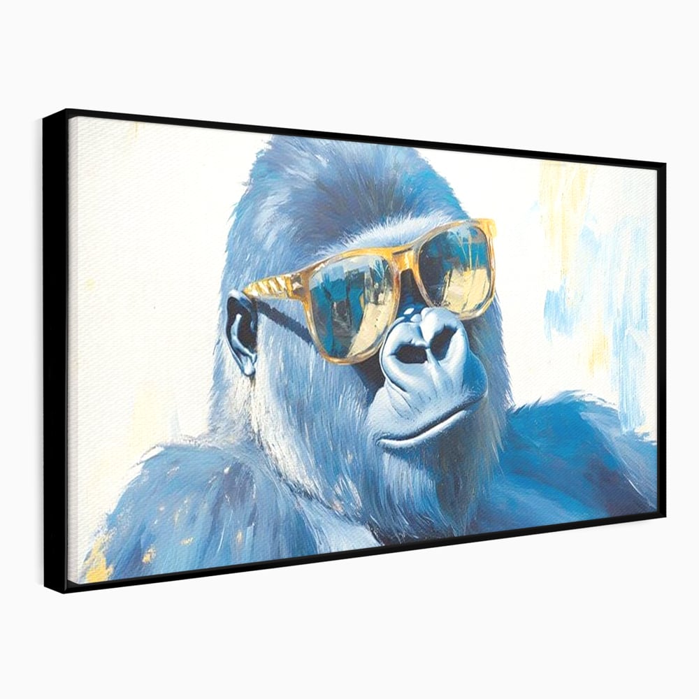 Tablou canvas cu pictura cu gorila purtand ochelari, in rama de aluminiu negru