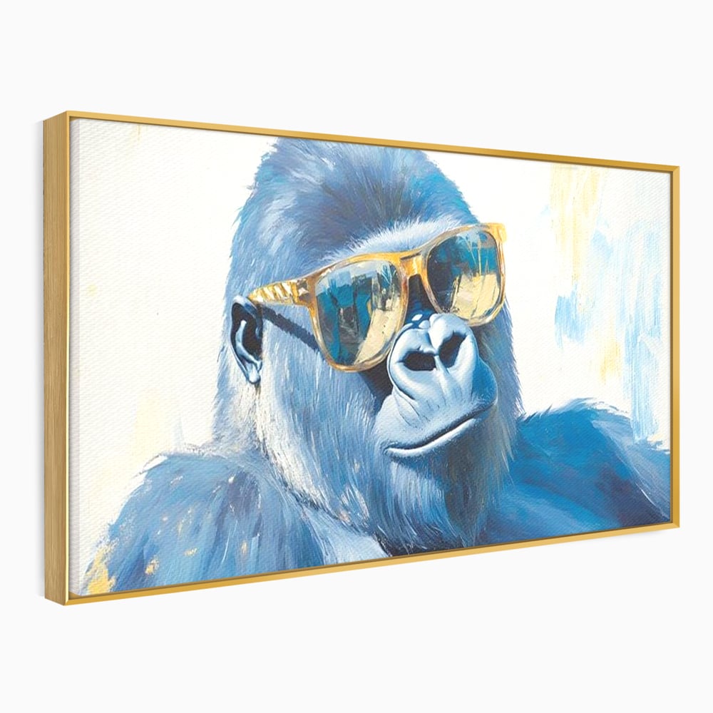 Tablou canvas cu pictura cu gorila purtand ochelari, in rama de aluminiu auriu