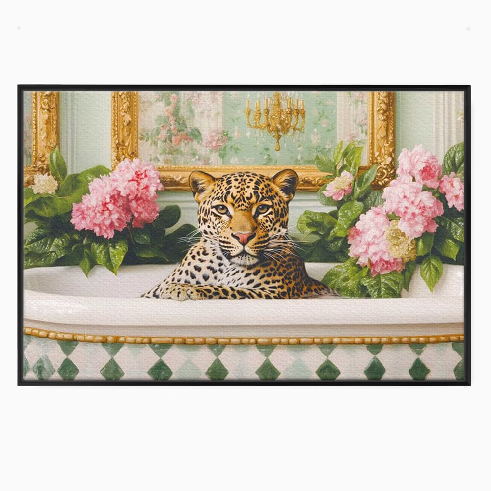 Tablou canvas cu tablou canvas cu leopard in cada, in rama de aluminiu negru