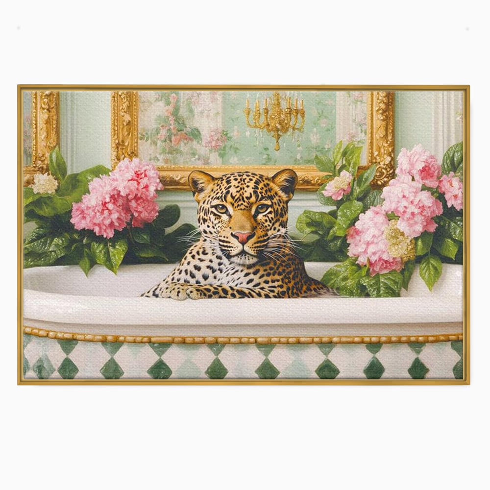 Tablou canvas cu tablou canvas cu leopard in cada, in rama de aluminiu auriu