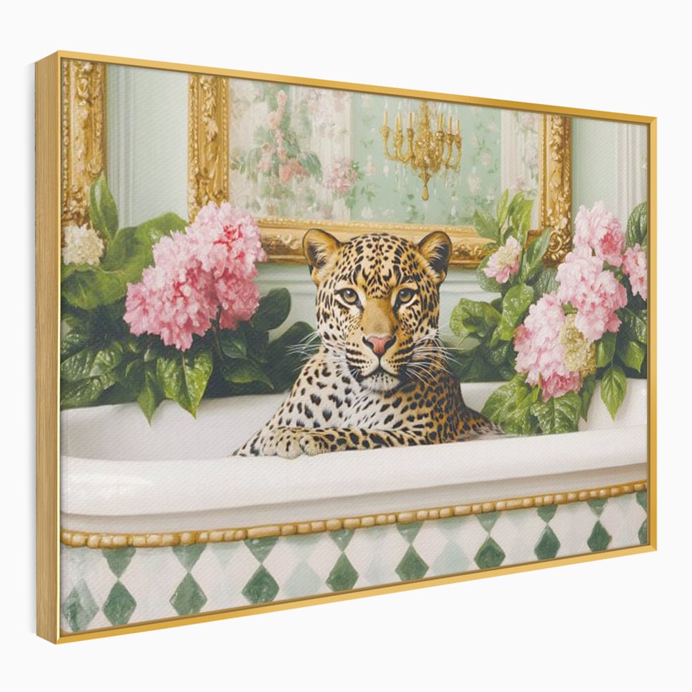Tablou canvas cu tablou canvas cu leopard in cada, in rama de aluminiu auriu