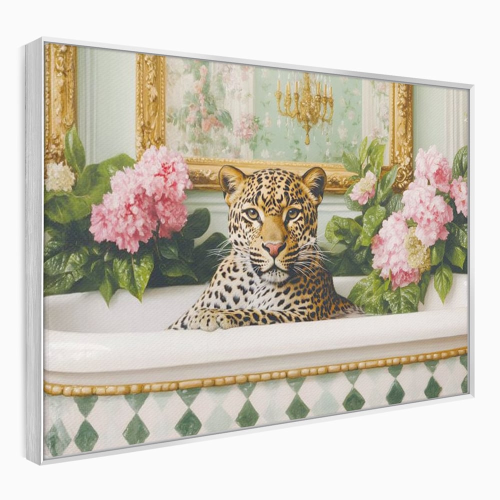 Tablou canvas cu tablou canvas cu leopard in cada, in rama de aluminiu argintiu