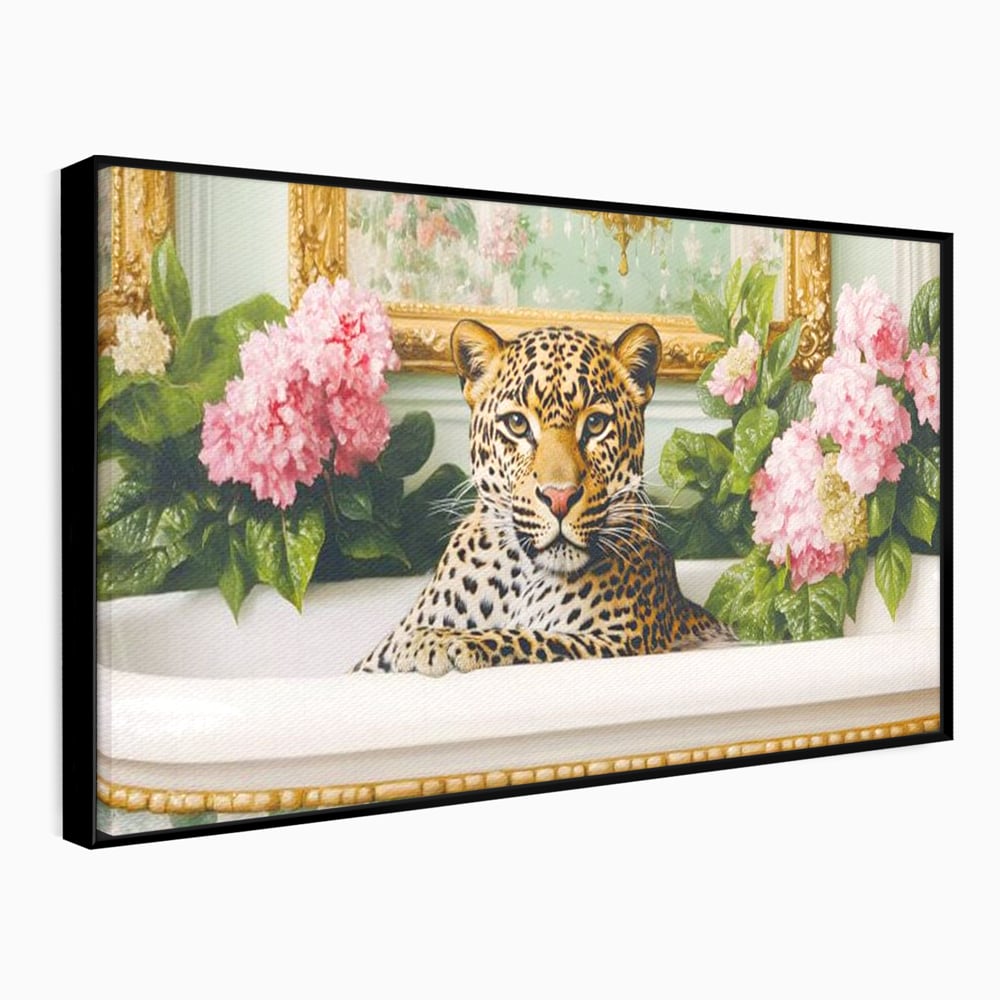 Tablou canvas cu tablou canvas cu leopard in cada, in rama de aluminiu negru