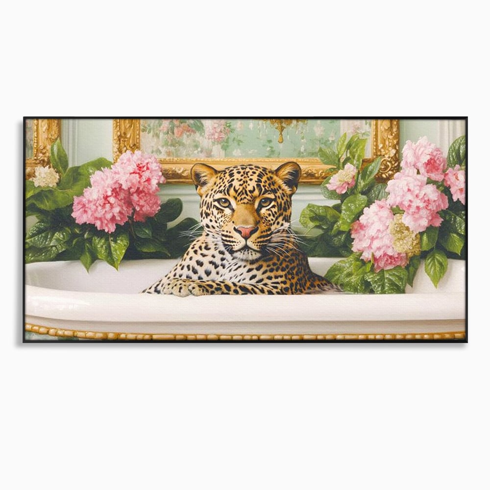 Tablou canvas cu tablou canvas cu leopard in cada, in rama de aluminiu negru