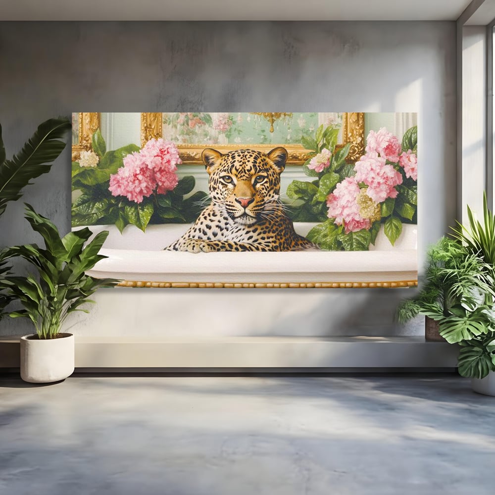 Tablou canvas cu tablou canvas cu leopard in cada, fara rama, pe sasiu de lemn