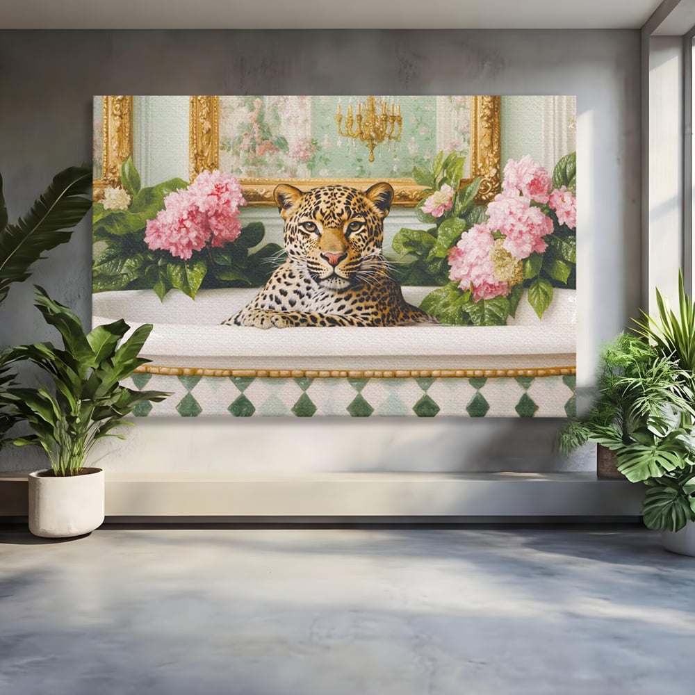Tablou canvas cu tablou canvas cu leopard in cada, fara rama, pe sasiu de lemn