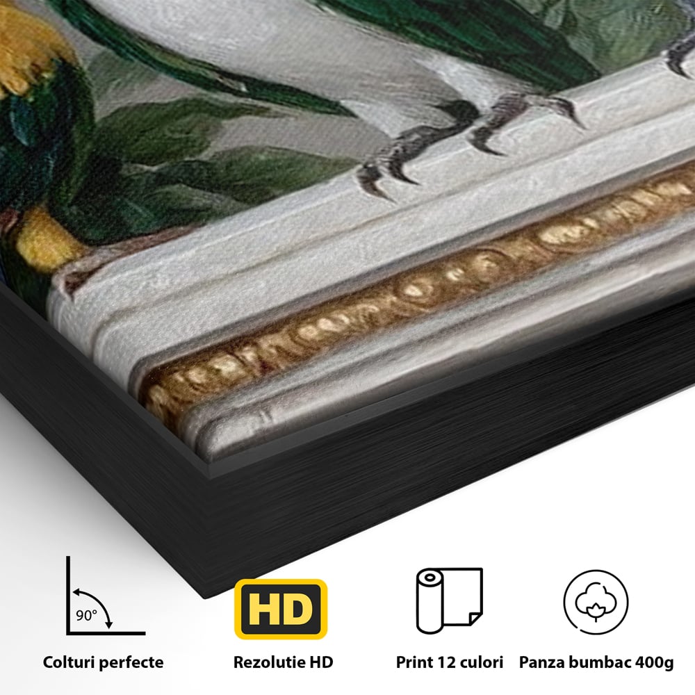 Detaliu al suprafetei: tablou canvas cu trei papagali pe soclu, in rama de aluminiu negru