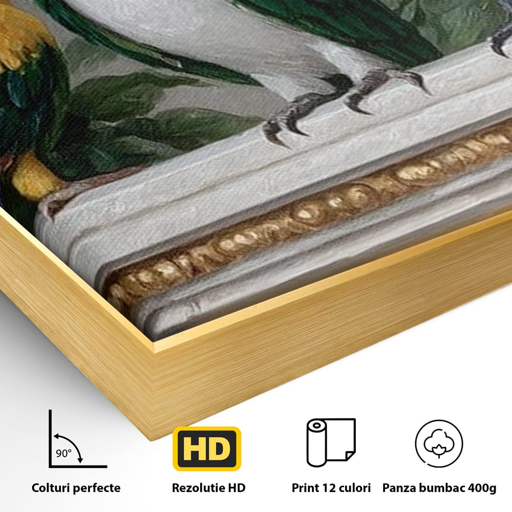 Detaliu al suprafetei: tablou canvas cu trei papagali pe soclu, in rama de aluminiu auriu