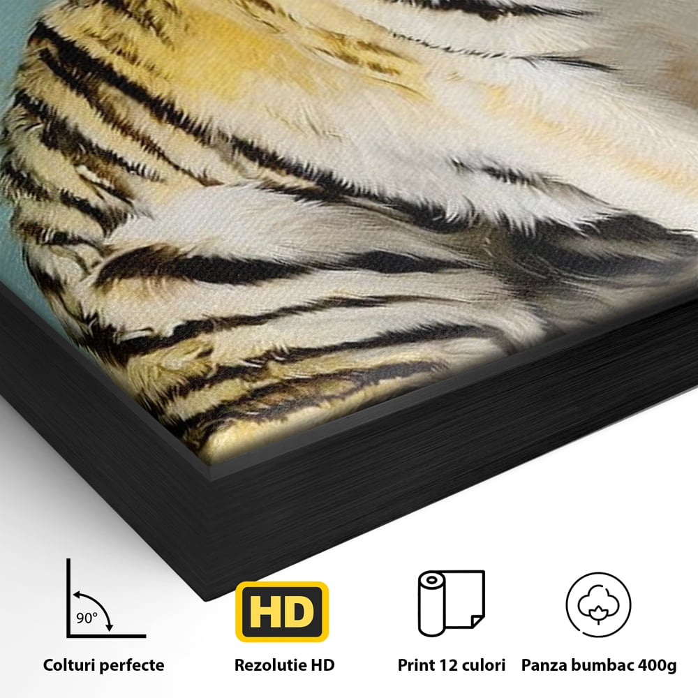 Detaliu al suprafetei: tablou canvas cu tigru alb, in rama de aluminiu negru