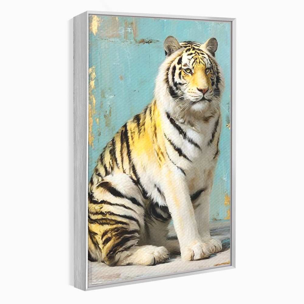 Tablou canvas cu tablou canvas cu tigru alb, in rama de aluminiu argintiu
