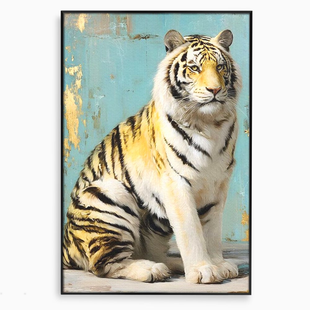 Tablou canvas cu tablou canvas cu tigru alb, in rama de aluminiu negru