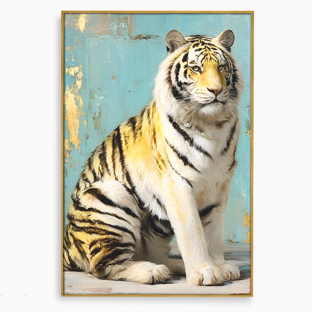 Tablou canvas cu tablou canvas cu tigru alb, in rama de aluminiu auriu