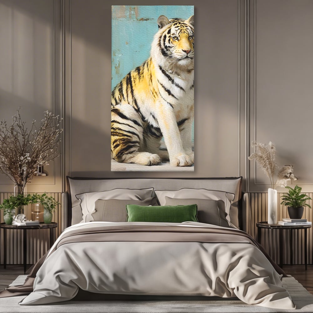 Tablou canvas cu tablou canvas cu tigru alb, fara rama, pe sasiu de lemn, pe perete intr-un dormitor