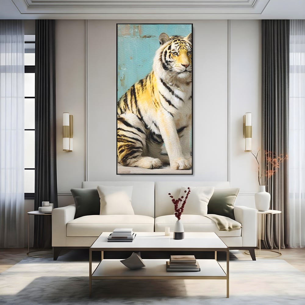 Tablou canvas cu tablou canvas cu tigru alb, in rama de aluminiu negru, pe perete intr-un living