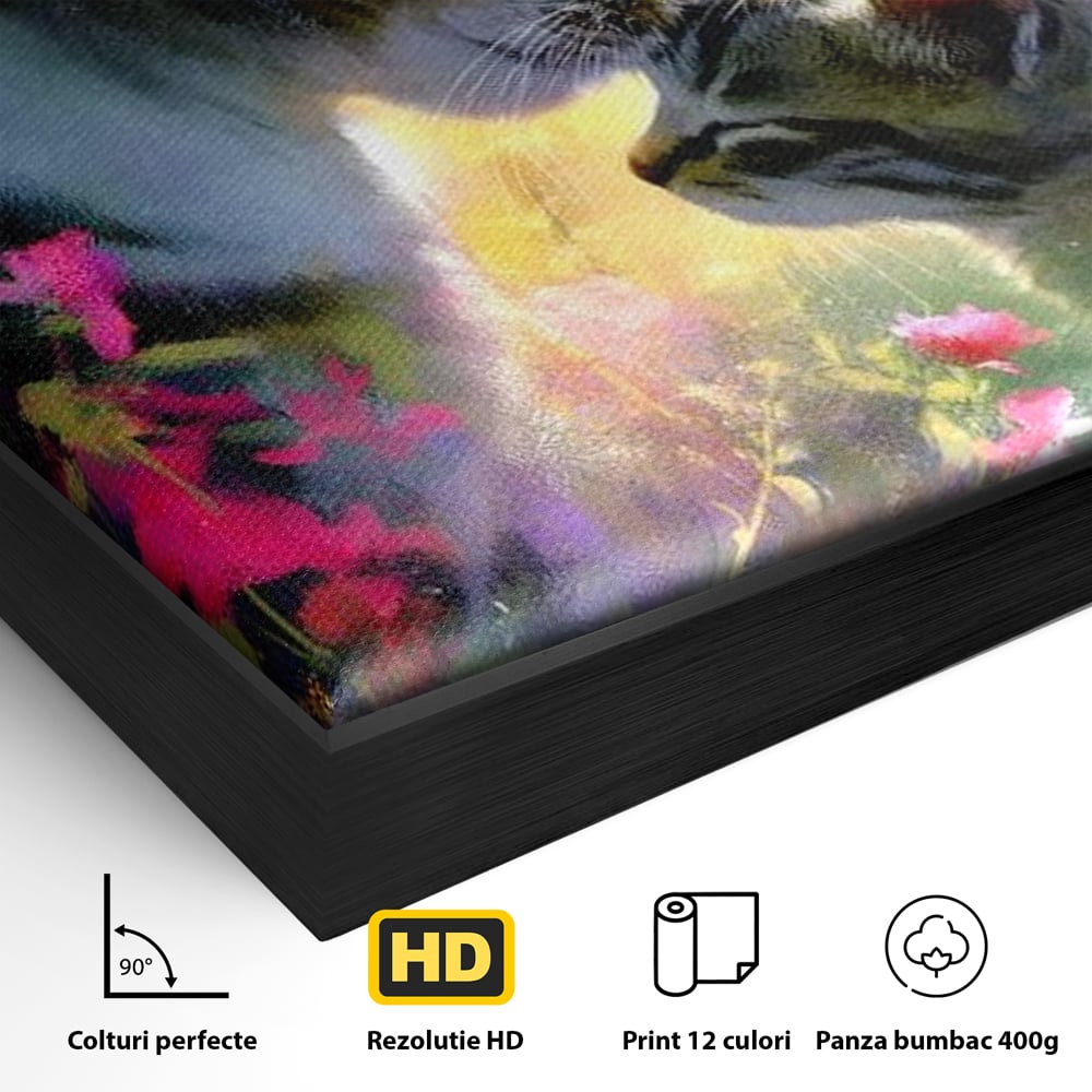 Detaliu al suprafetei: tablou canvas cu pisici mangaite in gradina, in rama de aluminiu negru
