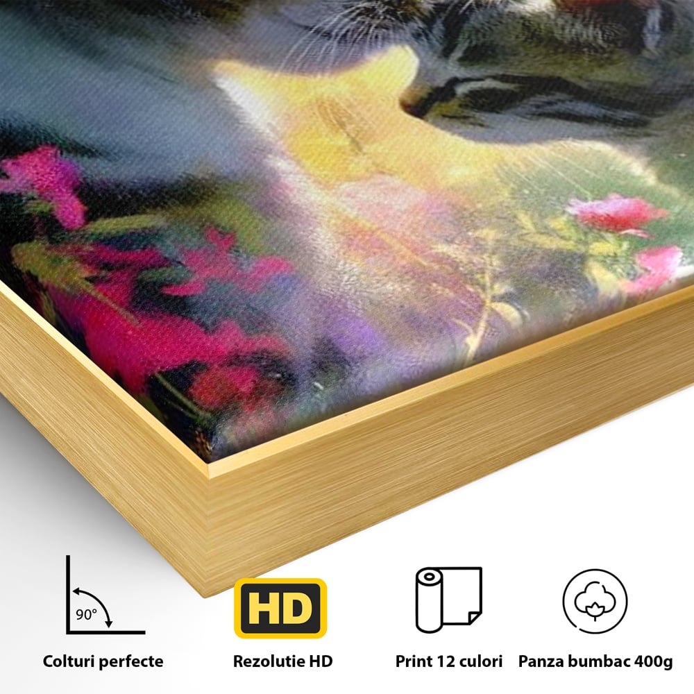 Detaliu al suprafetei: tablou canvas cu pisici mangaite in gradina, in rama de aluminiu auriu