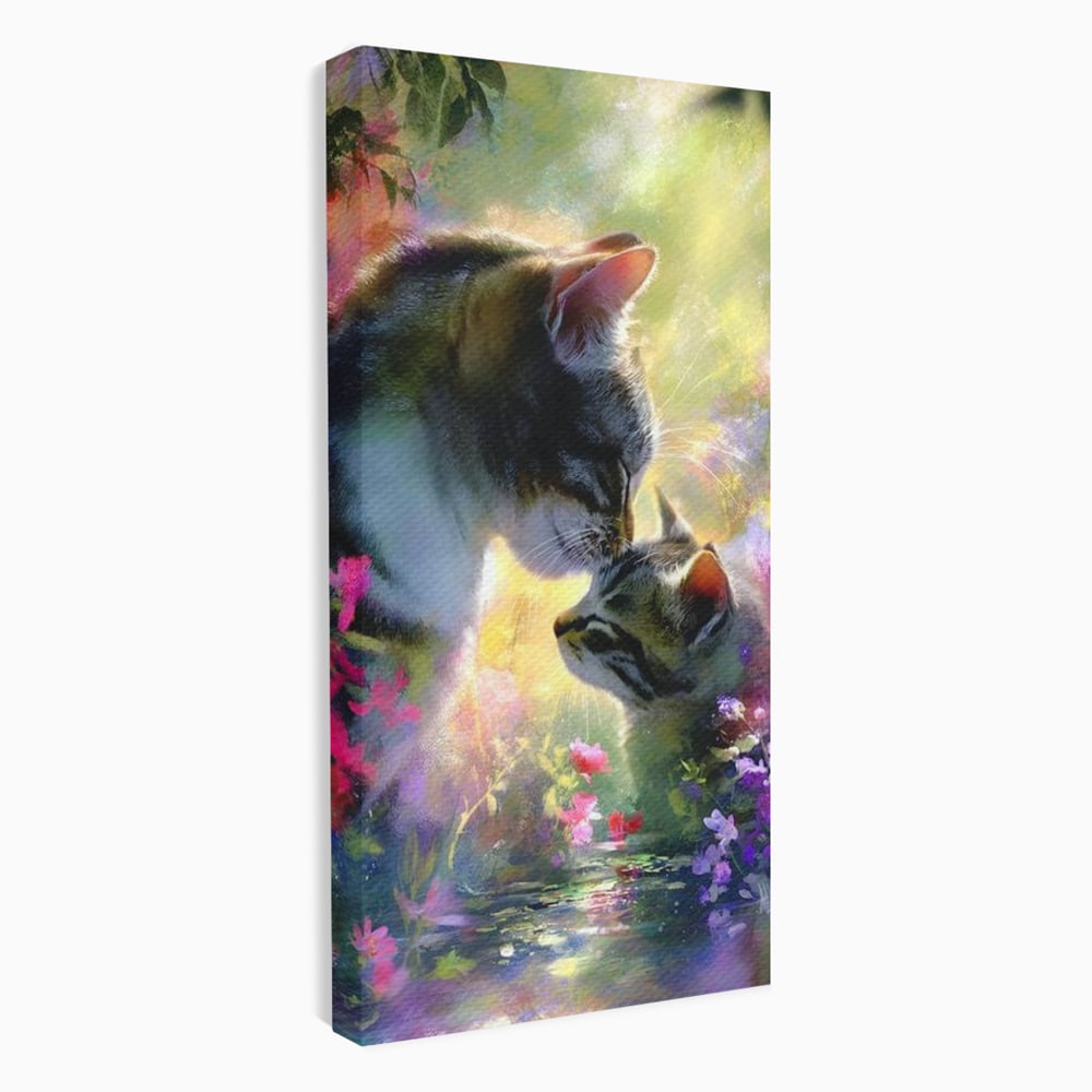 Tablou canvas cu tablou canvas cu pisici mangaite in gradina, fara rama, pe sasiu de lemn