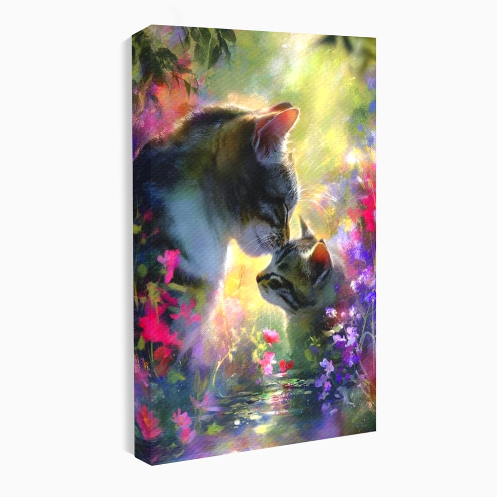 Tablou canvas cu tablou canvas cu pisici mangaite in gradina, fara rama, pe sasiu de lemn