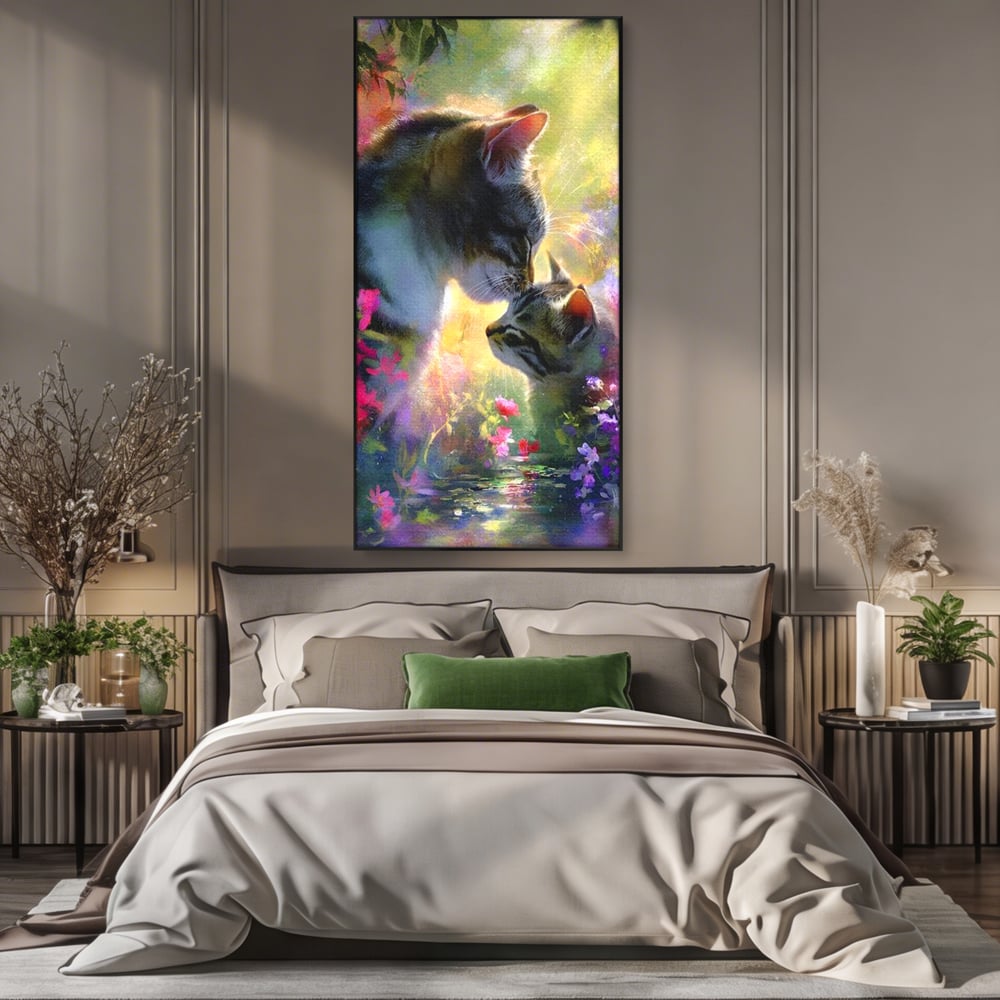 Tablou canvas cu tablou canvas cu pisici mangaite in gradina, in rama de aluminiu negru, pe perete intr-un dormitor