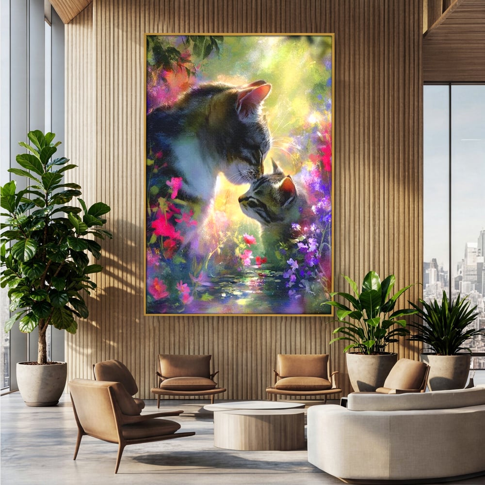 Tablou canvas cu tablou canvas cu pisici mangaite in gradina, in rama de aluminiu auriu, pe perete intr-un birou