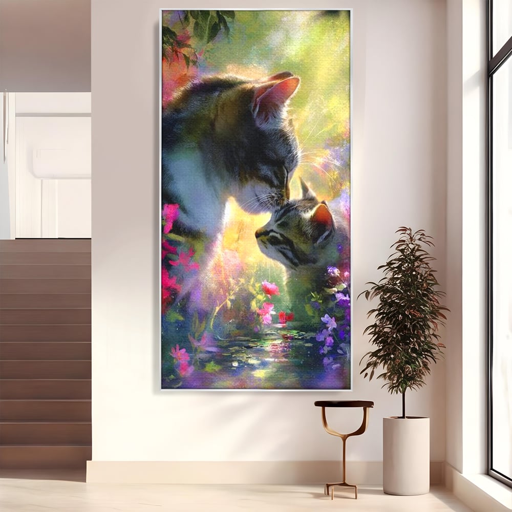 Tablou canvas cu tablou canvas cu pisici mangaite in gradina, in rama de aluminiu argintiu