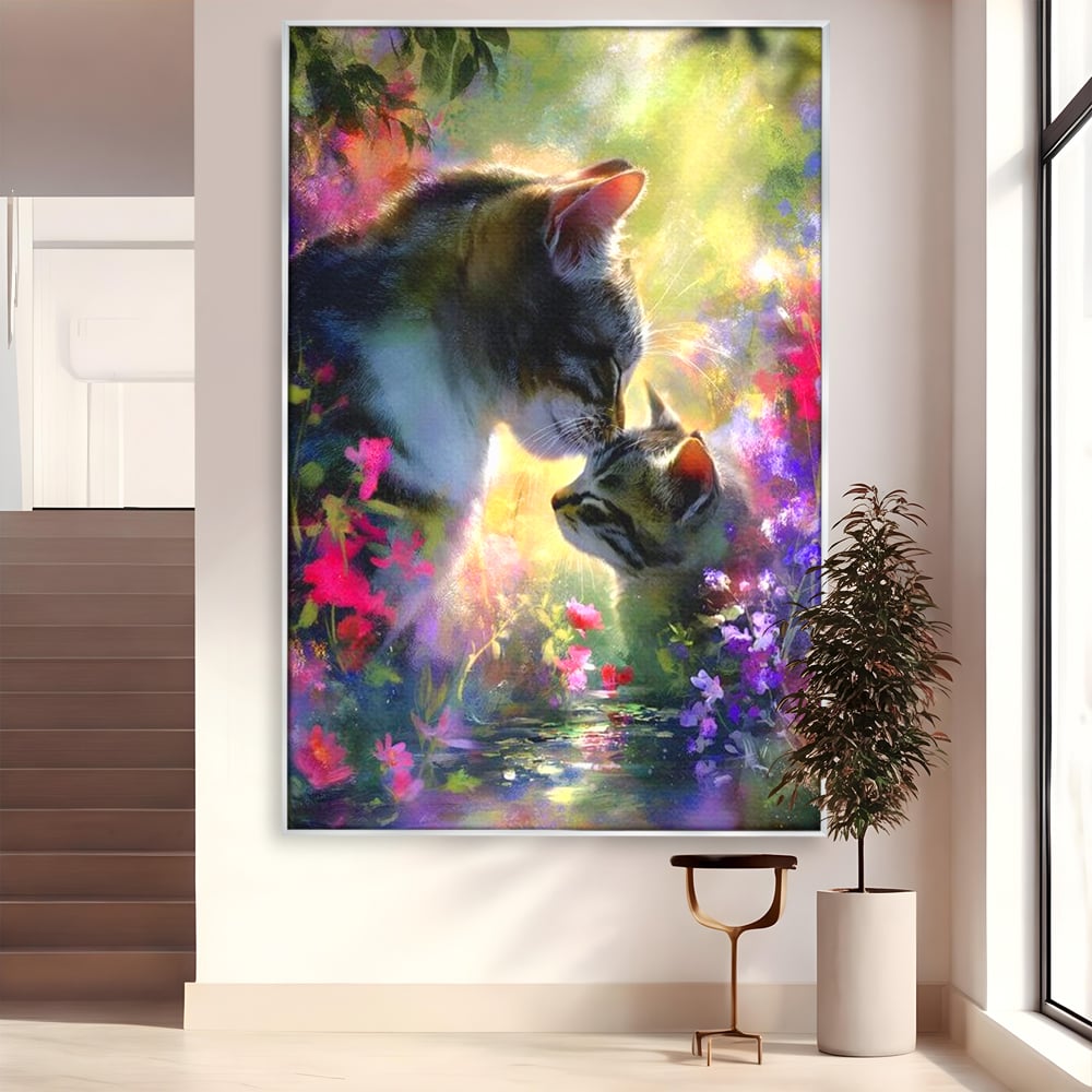 Tablou canvas cu tablou canvas cu pisici mangaite in gradina, in rama de aluminiu argintiu
