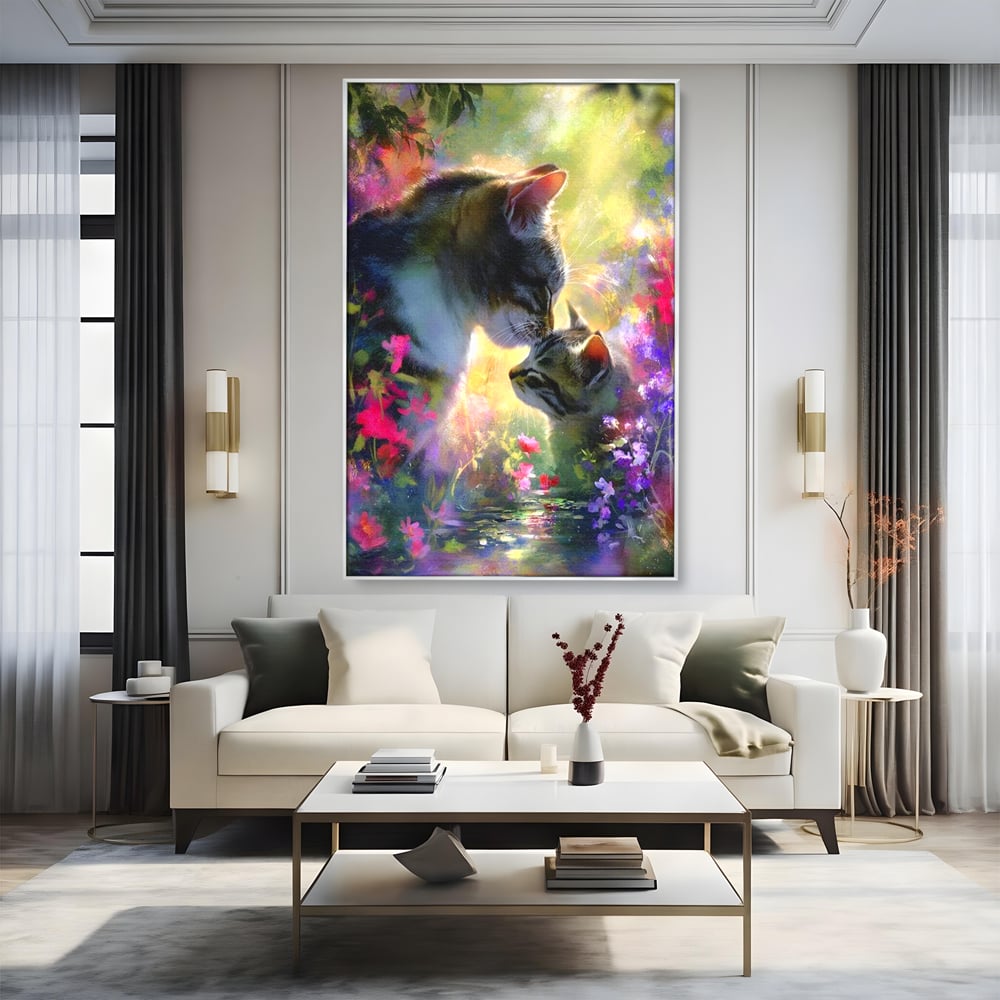 Tablou canvas cu tablou canvas cu pisici mangaite in gradina, in rama de aluminiu argintiu, pe perete intr-un living