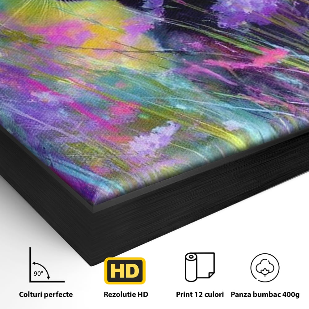 Detaliu al suprafetei: tablou canvas cu pisica neagra si flori colorate, in rama de aluminiu negru