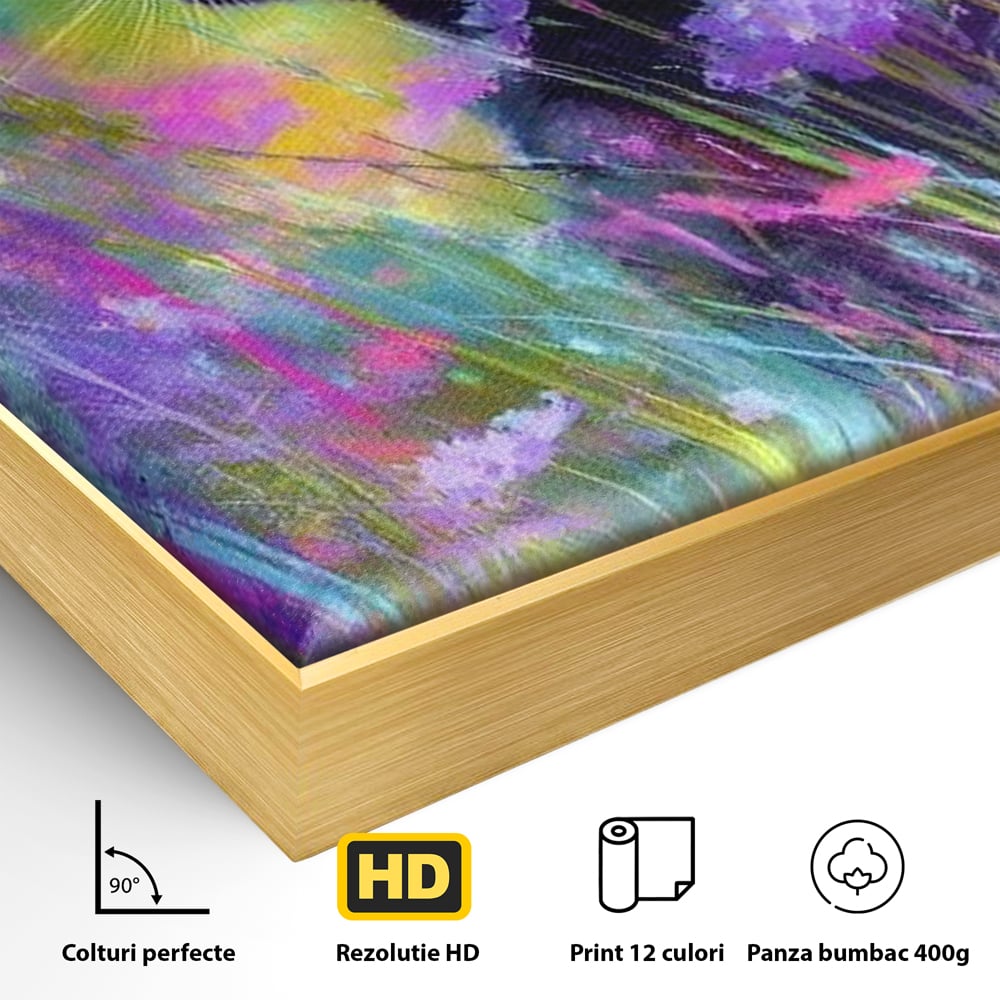 Detaliu al suprafetei: tablou canvas cu pisica neagra si flori colorate, in rama de aluminiu auriu