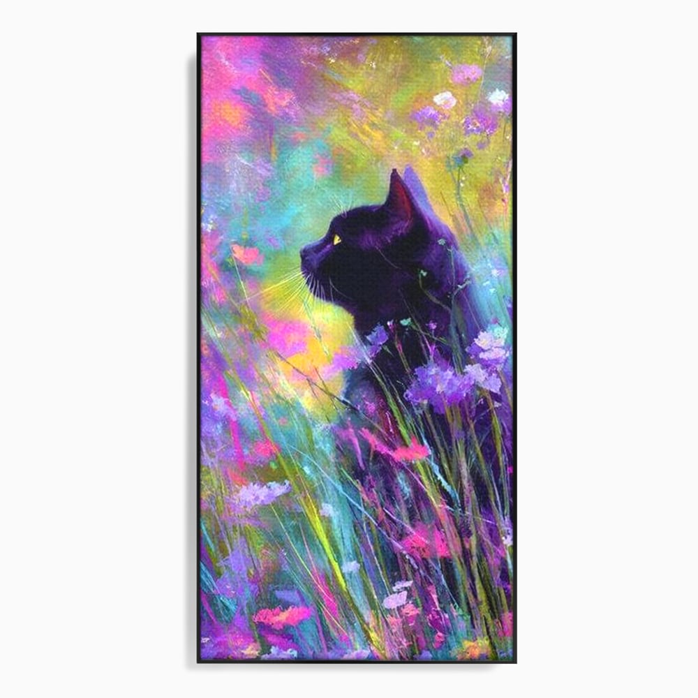 Tablou canvas cu tablou canvas cu pisica neagra si flori colorate, in rama de aluminiu negru
