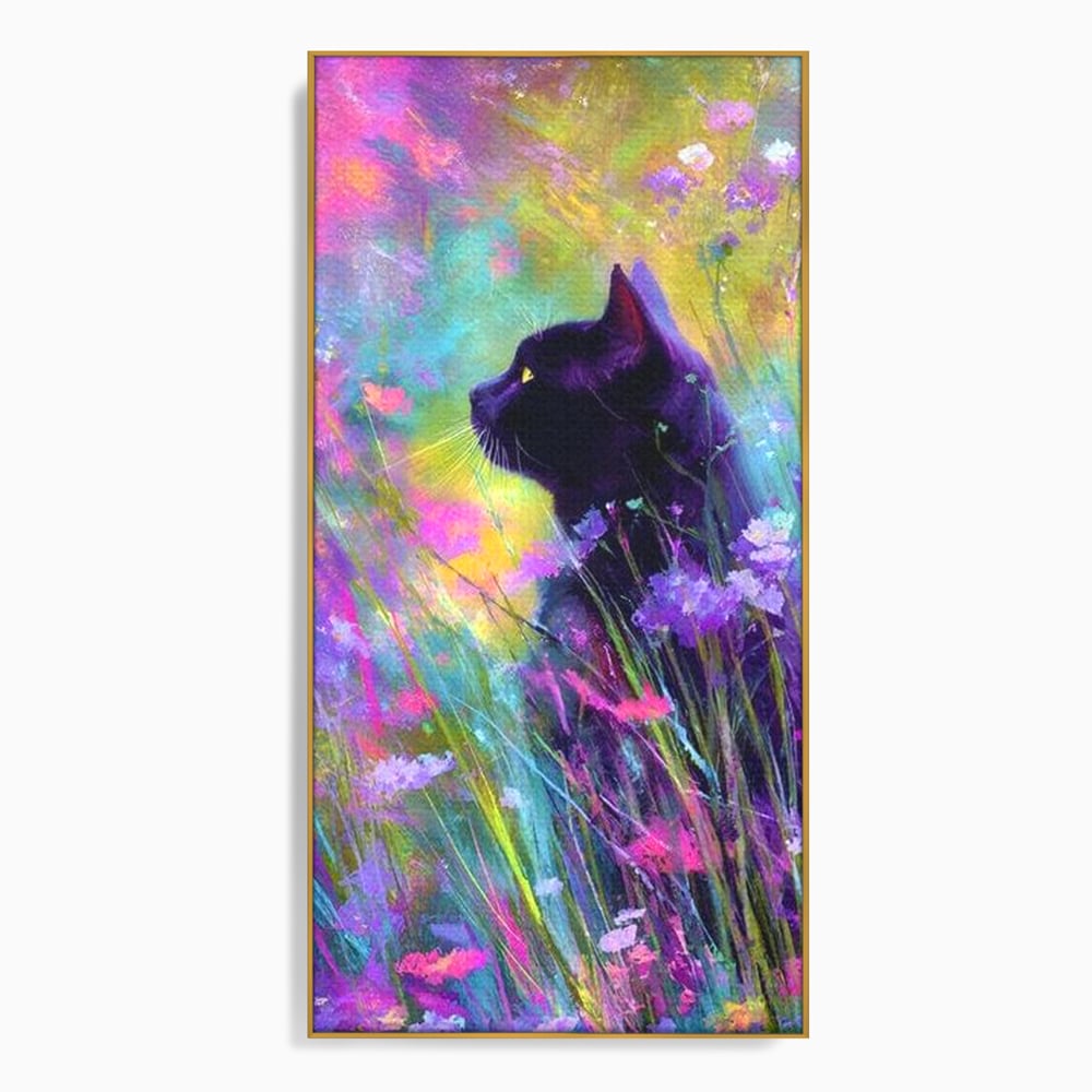 Tablou canvas cu tablou canvas cu pisica neagra si flori colorate, in rama de aluminiu auriu