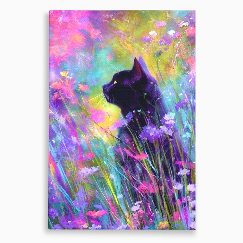 Tablou canvas cu tablou canvas cu pisica neagra si flori colorate, fara rama, pe sasiu de lemn
