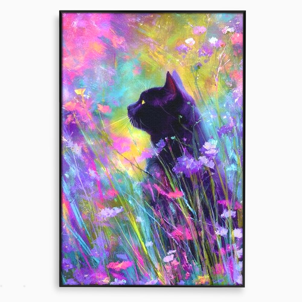 Tablou canvas cu tablou canvas cu pisica neagra si flori colorate, in rama de aluminiu negru