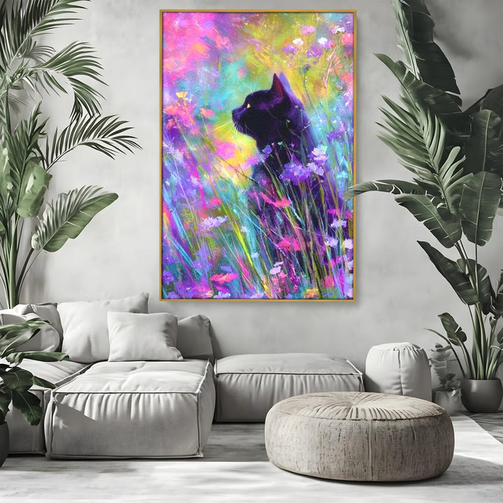 Tablou canvas cu tablou canvas cu pisica neagra si flori colorate, in rama de aluminiu auriu, pe perete intr-un living