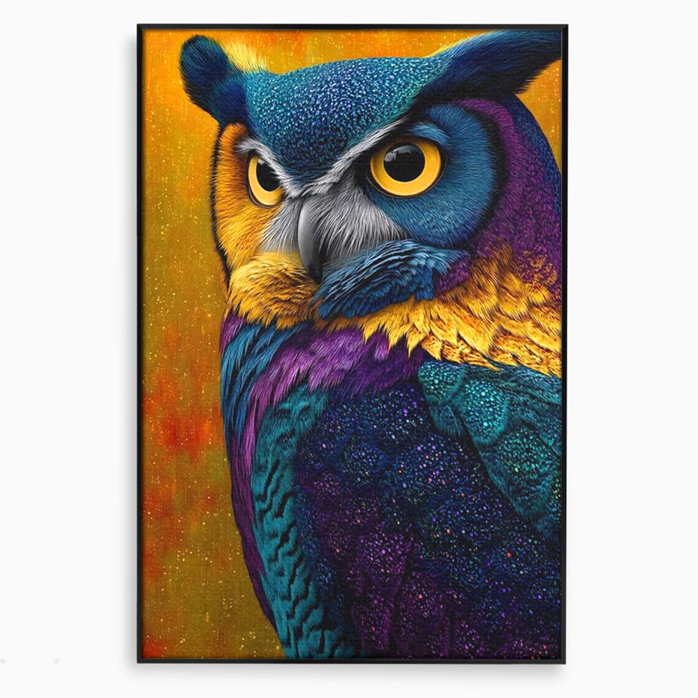 Tablou canvas cu tablou canvas cu bufnita colorata, in rama de aluminiu negru