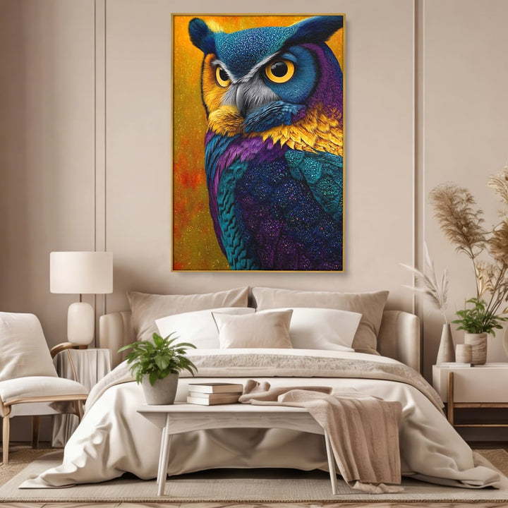 Tablou canvas cu tablou canvas cu bufnita colorata, in rama de aluminiu auriu, pe perete intr-un dormitor