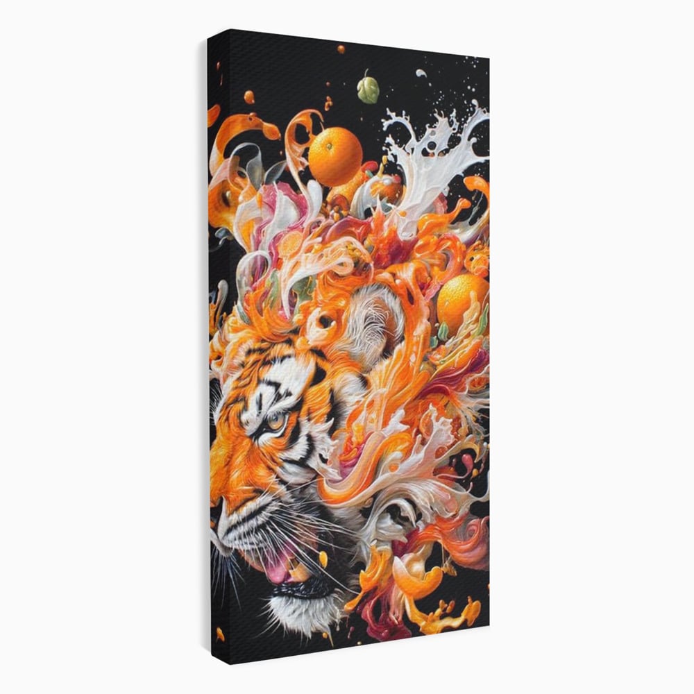 Tablou canvas cu tablou canvas cu cap de tigru si portocale, fara rama, pe sasiu de lemn