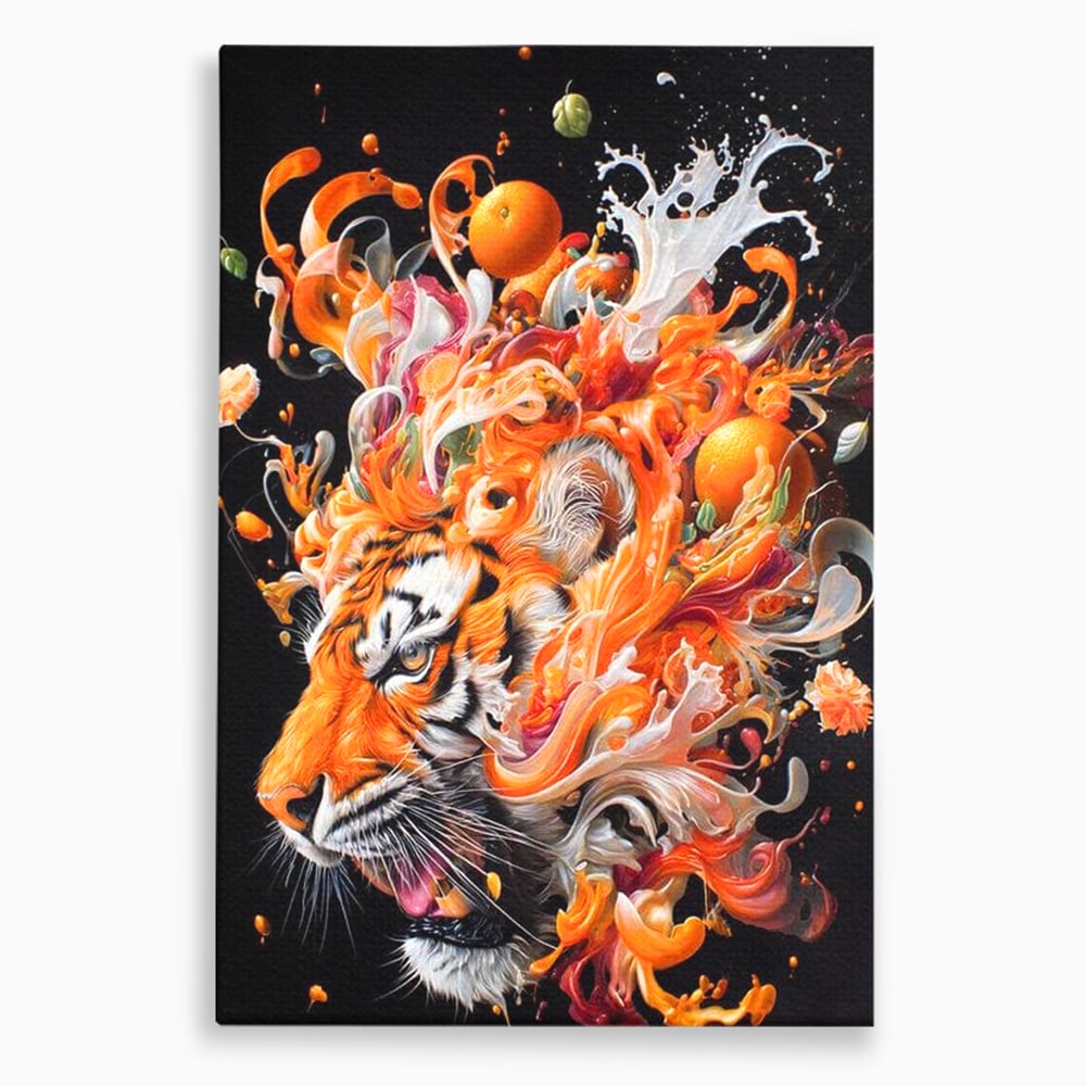 Tablou canvas cu tablou canvas cu cap de tigru si portocale, fara rama, pe sasiu de lemn